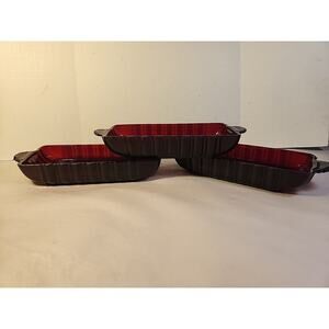 3 Vtg Anchor Hocking Ruby Red Depression Glass Cranberry/Appetizer/Tray
